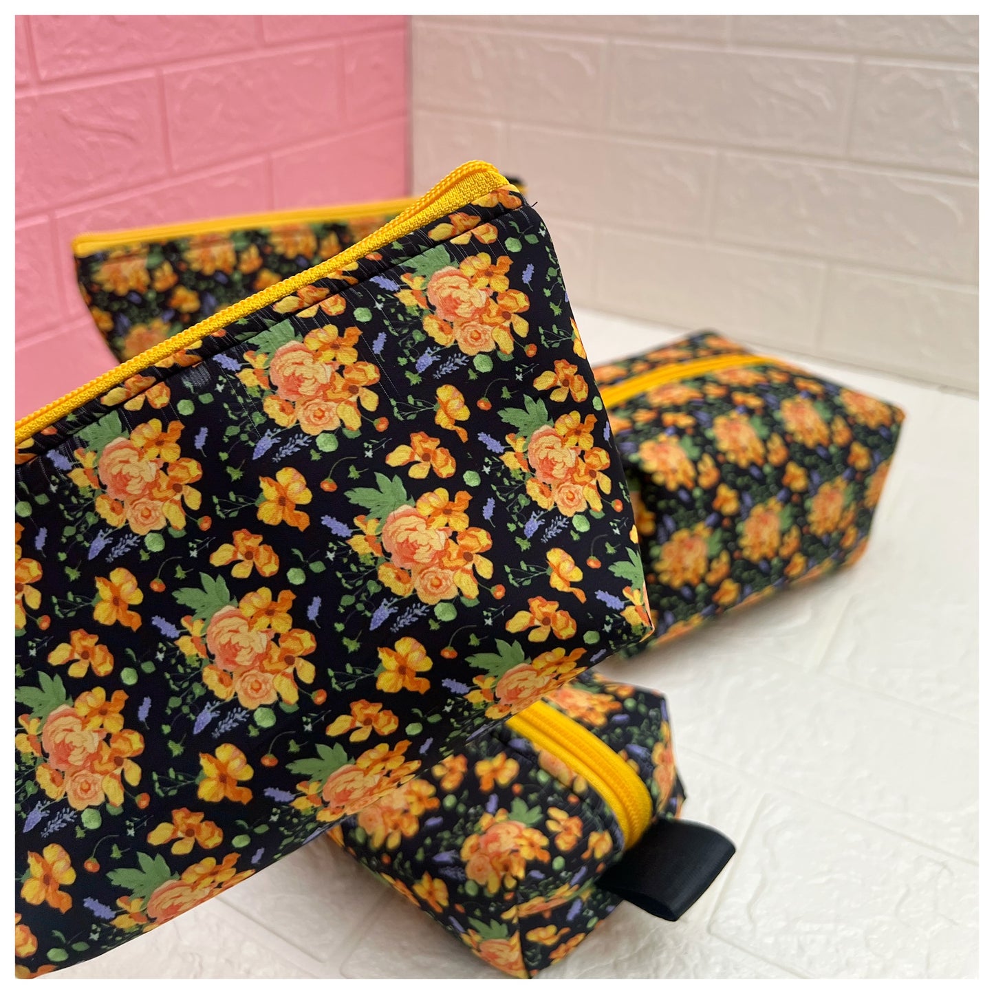BLACK YELLOW FLORAL POUCHES