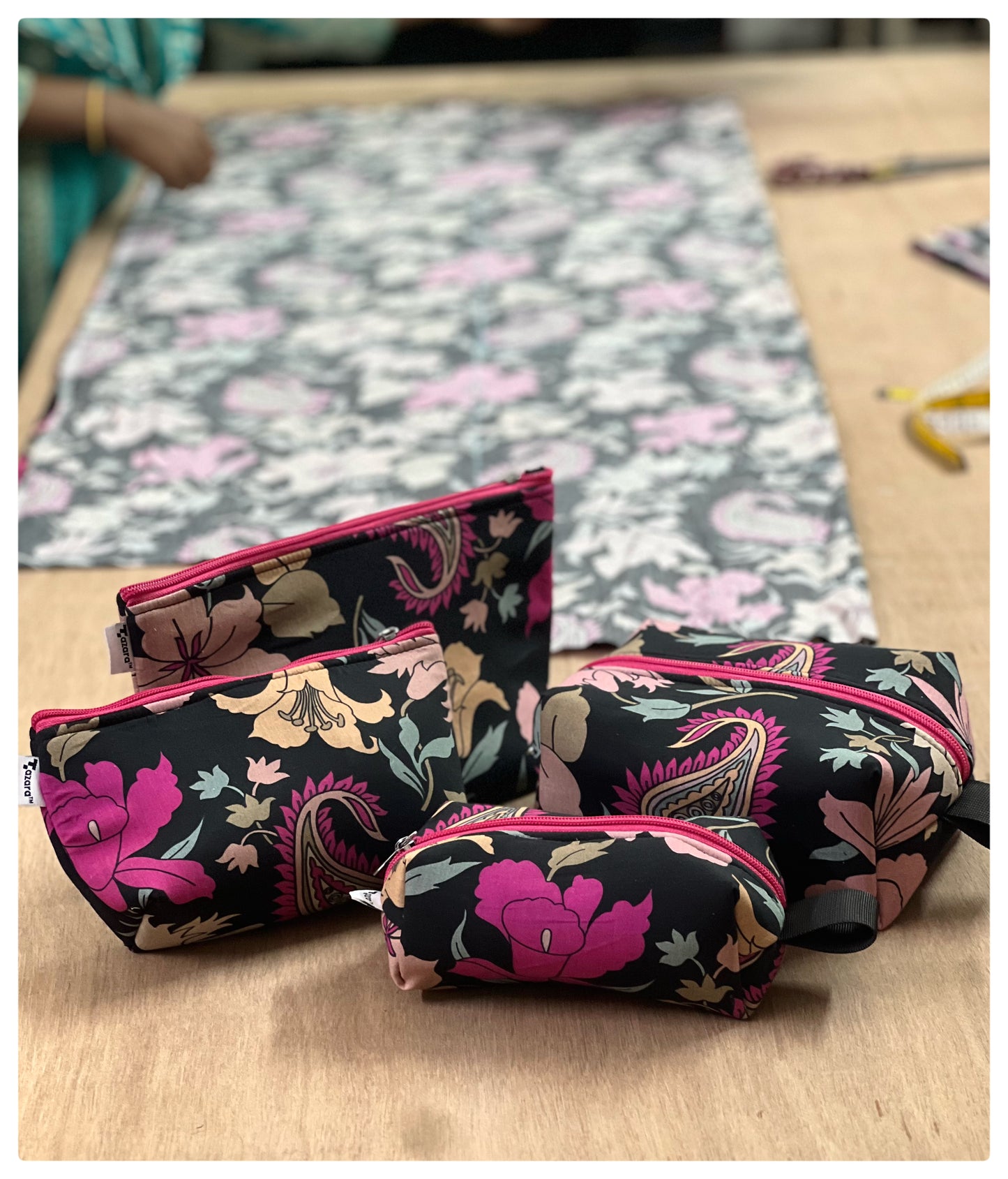 PINK BLACK FLORAL POUCHES