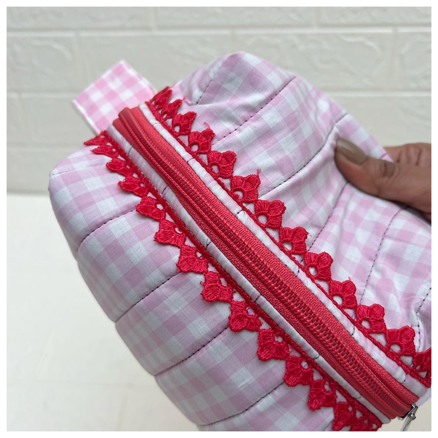 PINK CHECK QUILTED POUCH