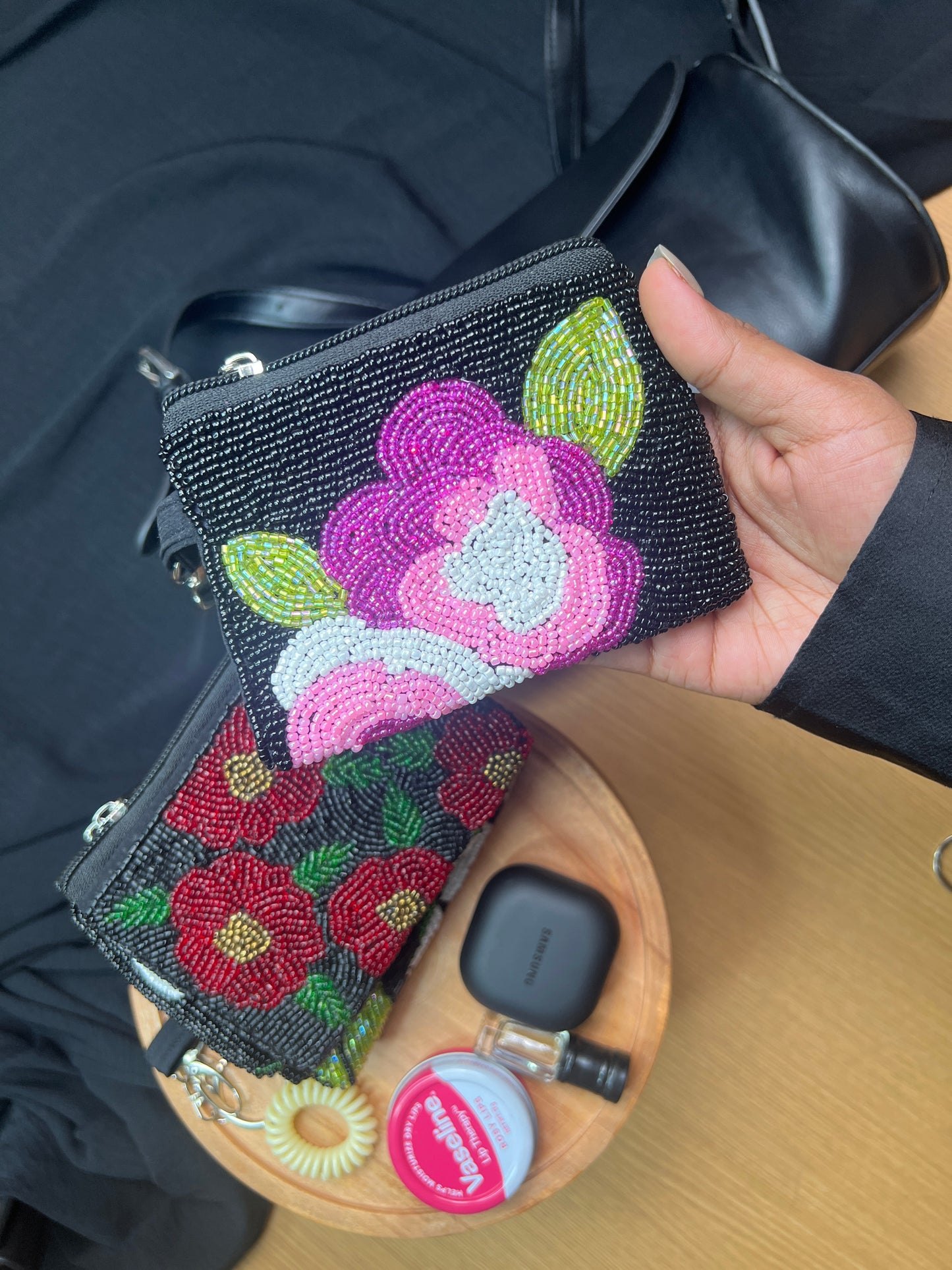 PINK FLOWER BEADED COIN PURSE