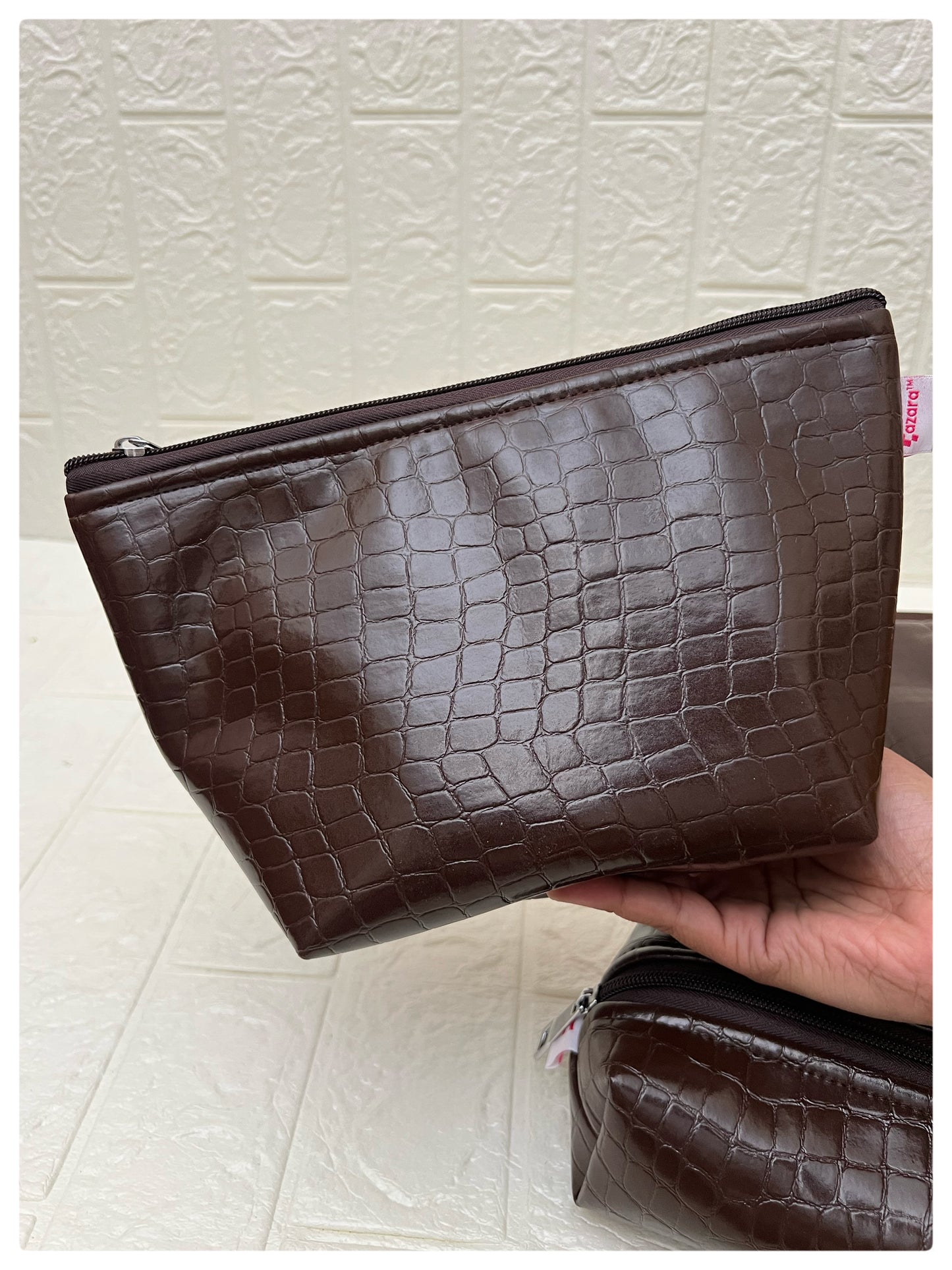 BROWN CROCODILE FAUX LEATHER POUCHES