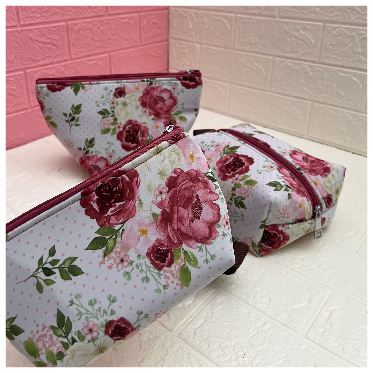 WHITE PINK FLORAL POUCHES