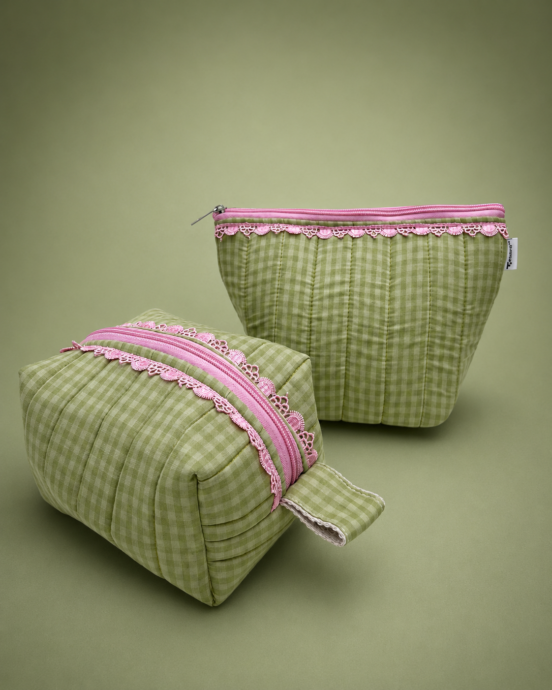 PINK GREEN CHECK QUILTED POUCH