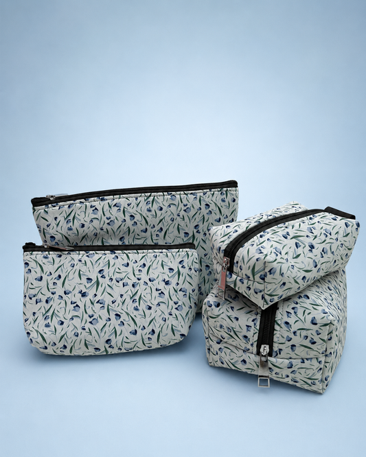 WHITE BLUE FLORAL POUCHES