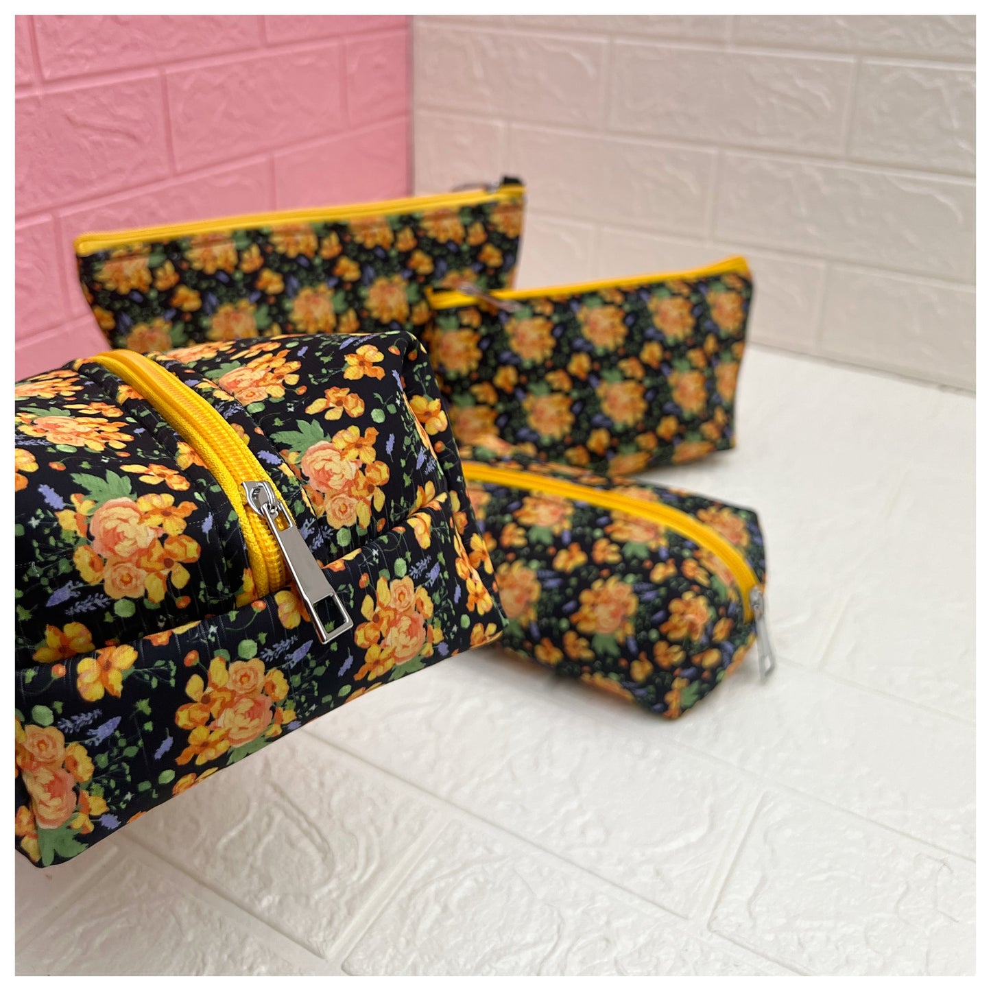 BLACK YELLOW FLORAL POUCHES