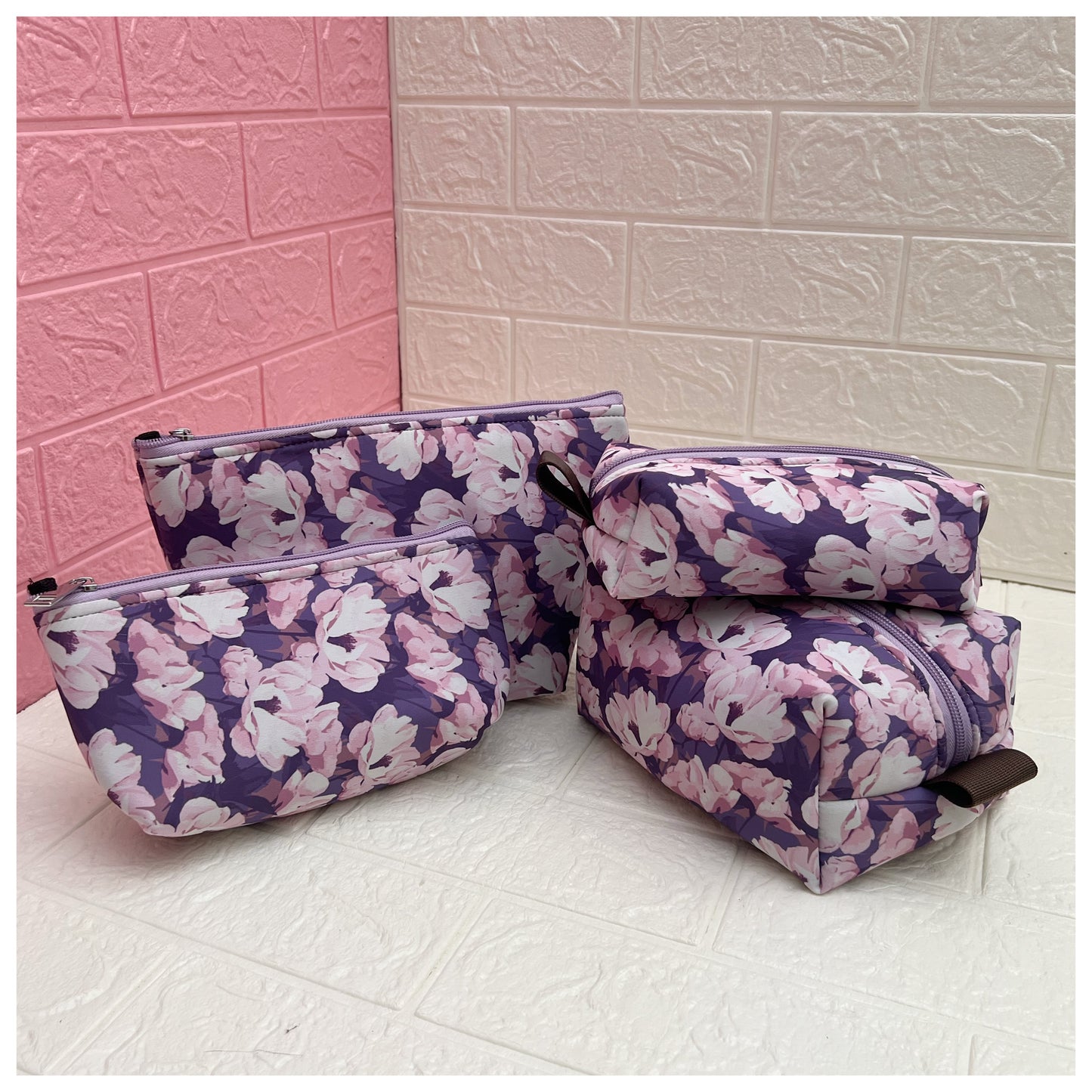 WHITE PURPLE FLORAL POUCHES