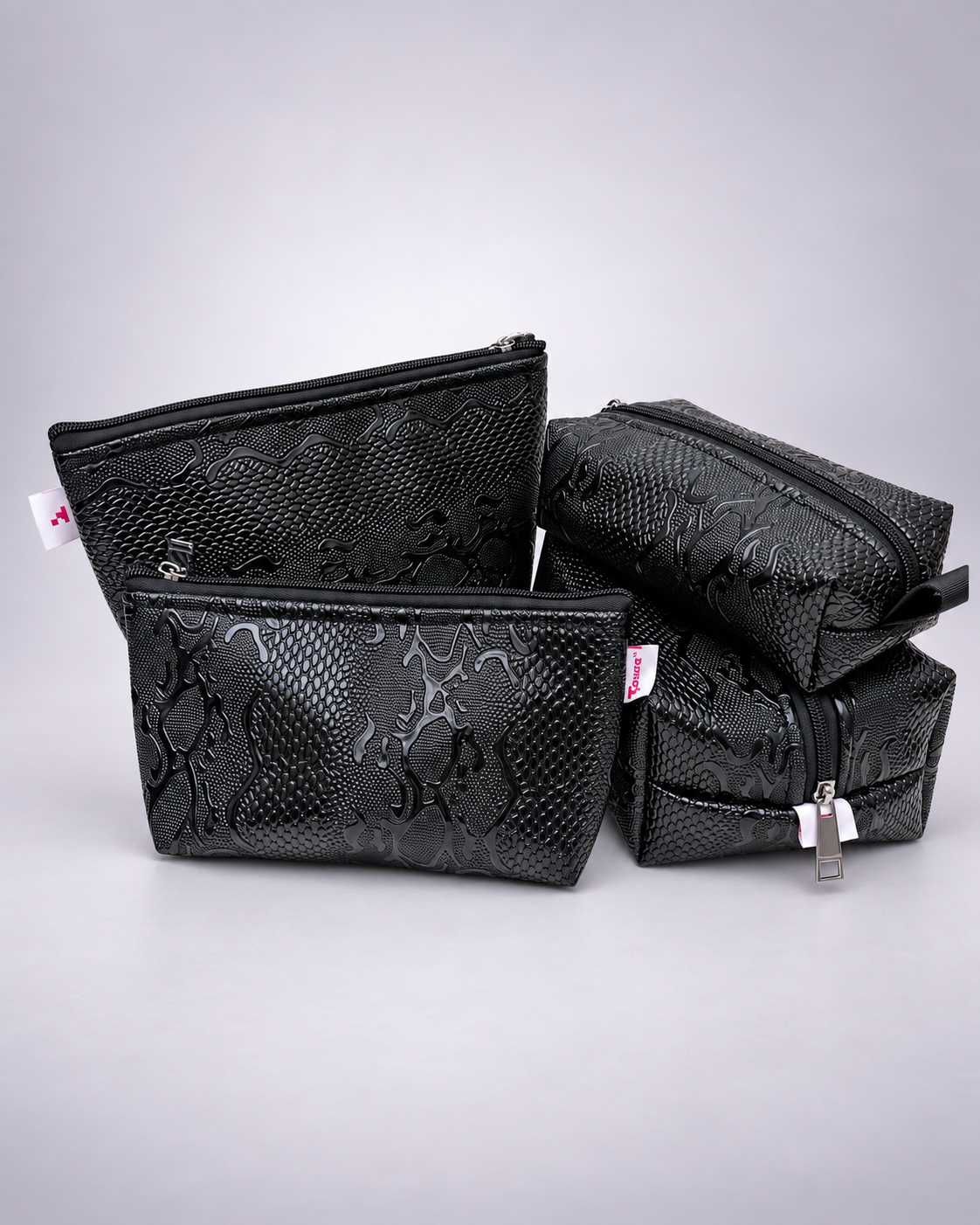 BLACK SNAKE-SKIN FAUX LEATHER POUCHES