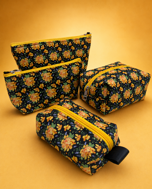 BLACK YELLOW FLORAL POUCHES