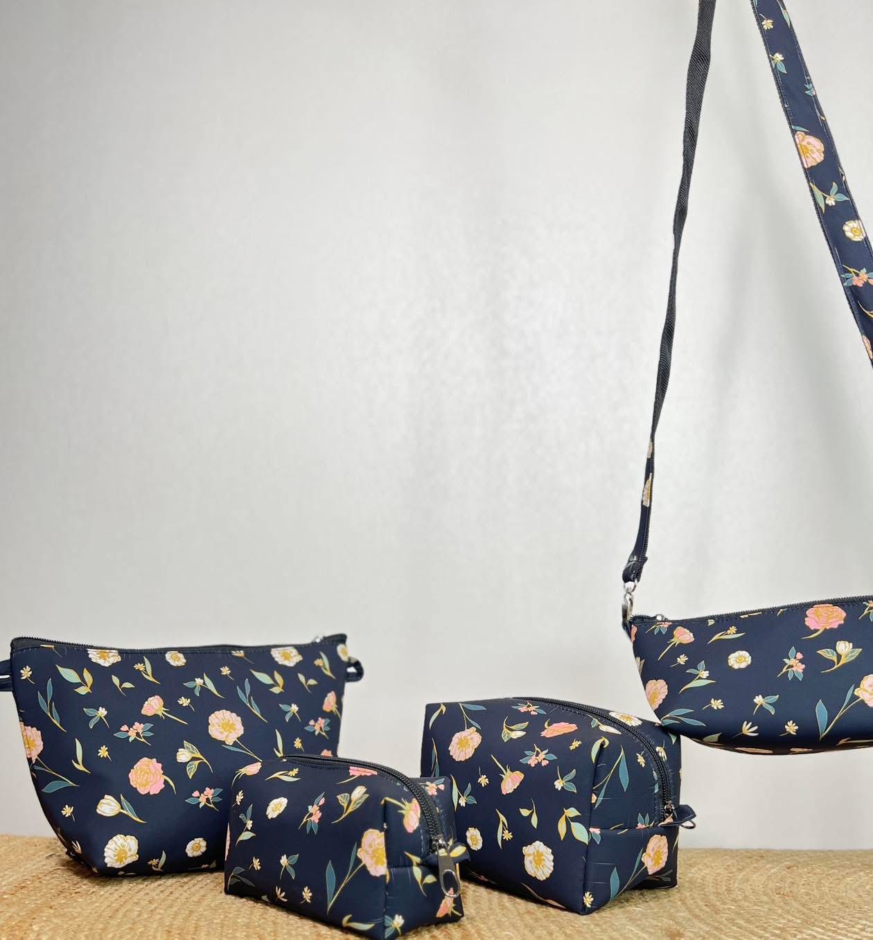 BLACK SMALL FLORAL CONVERTIBLE POUCH SET