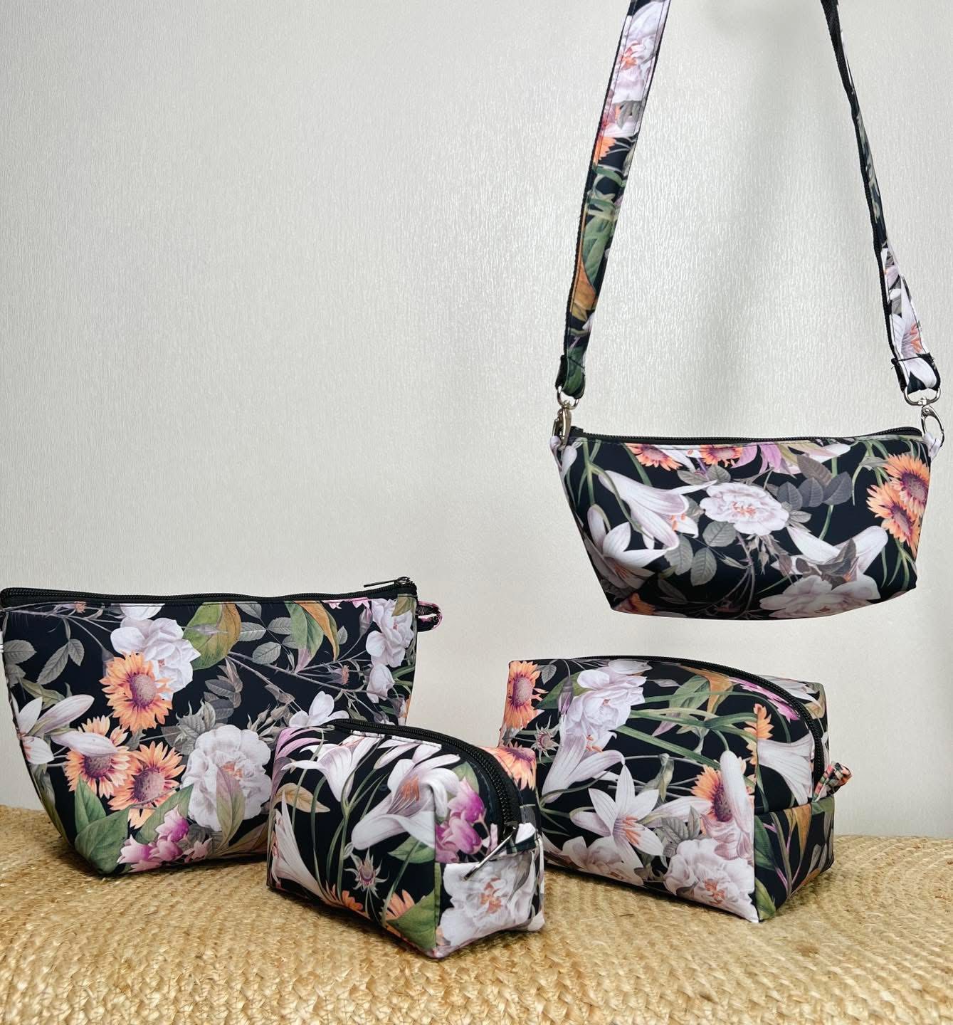 BLACK FLORAL CONVERTIBLE POUCH SET