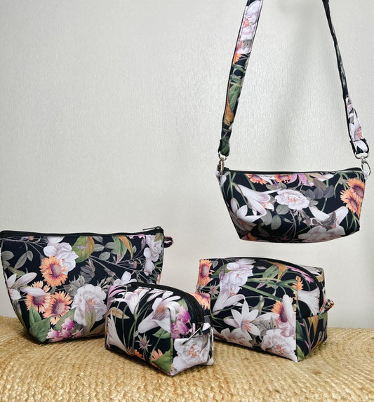 BLACK FLORAL CONVERTIBLE POUCH SET