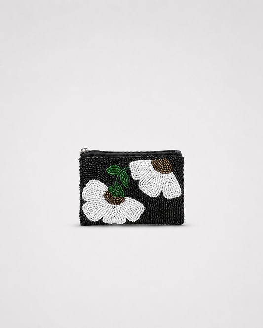 WHITE FLOWER BEADED COIN POUCH