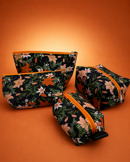 ORANGE BLACK FLORAL POUCHES