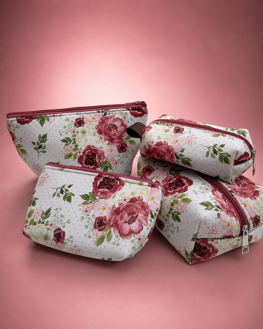 WHITE PINK FLORAL POUCHES