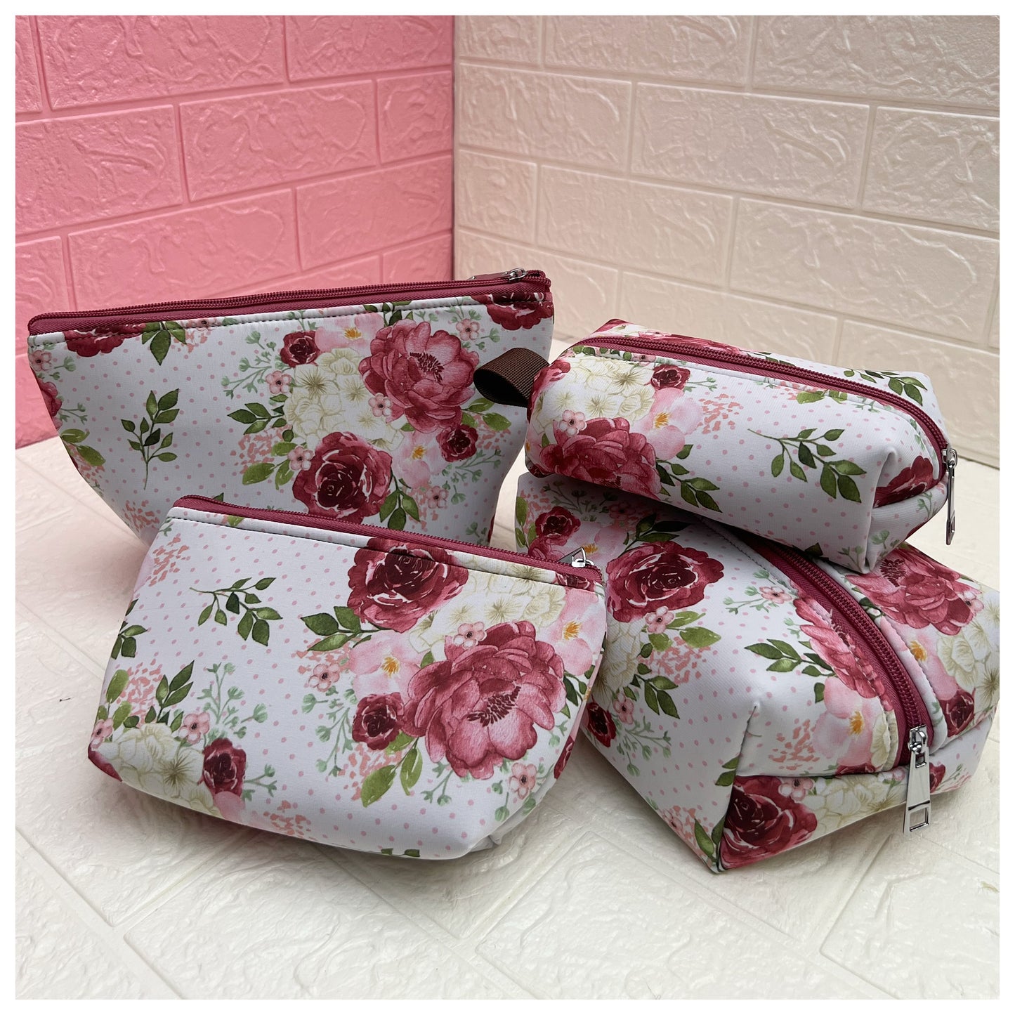WHITE PINK FLORAL POUCHES