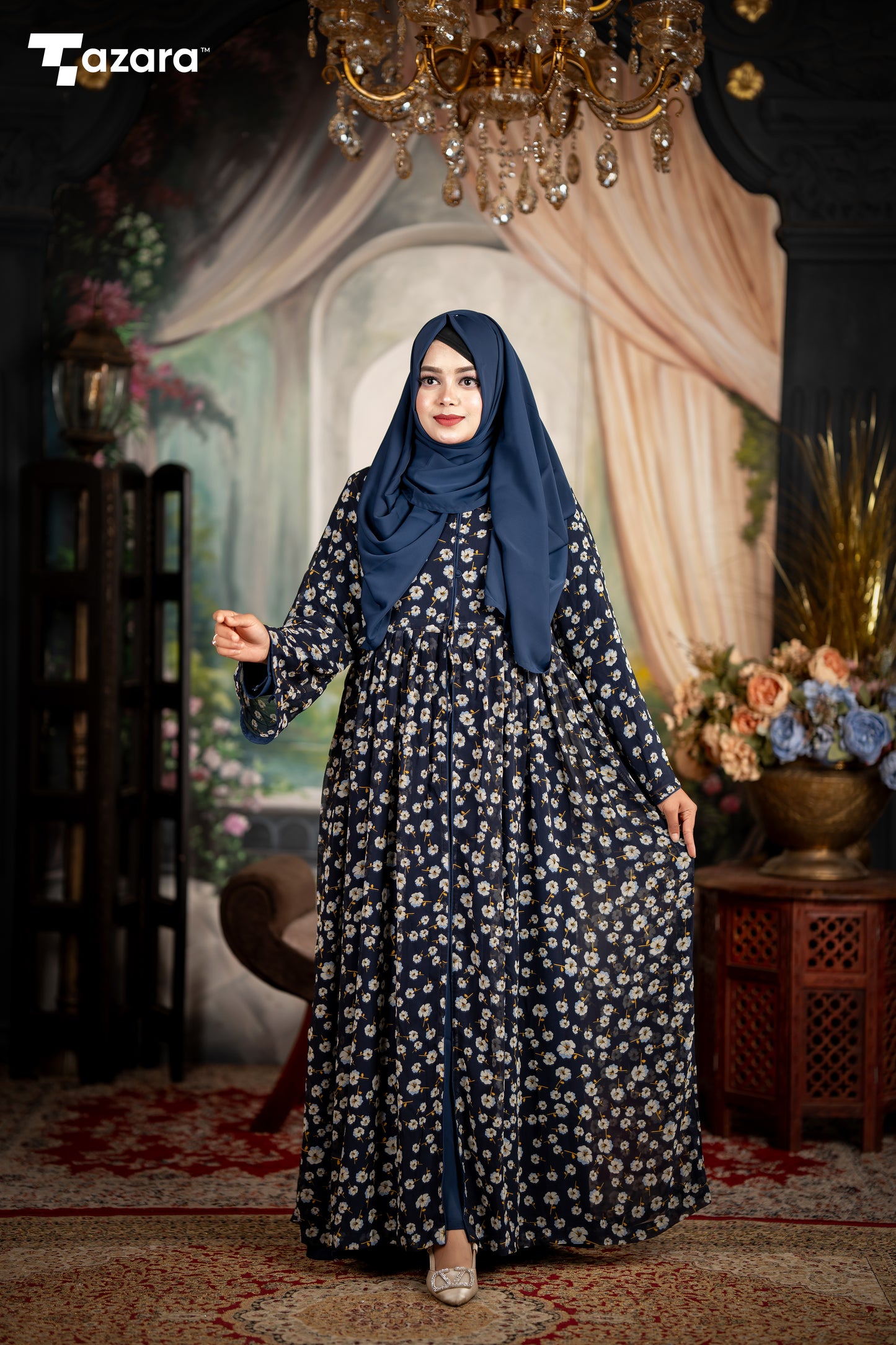 Navy Blossom Abaya Set