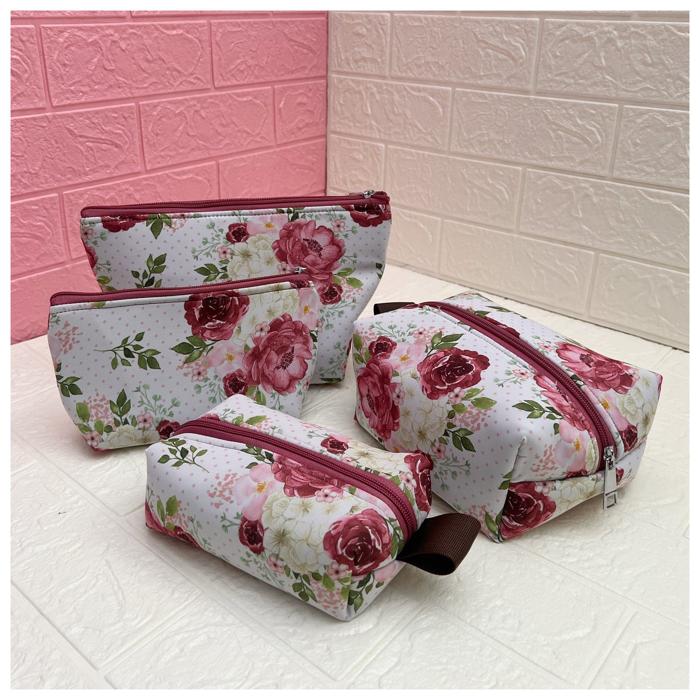 WHITE PINK FLORAL POUCHES