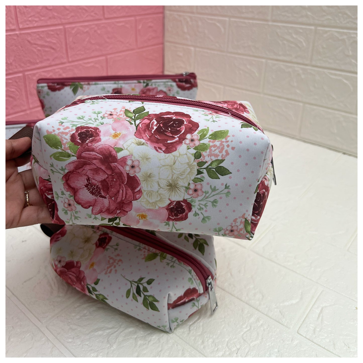 WHITE PINK FLORAL POUCHES