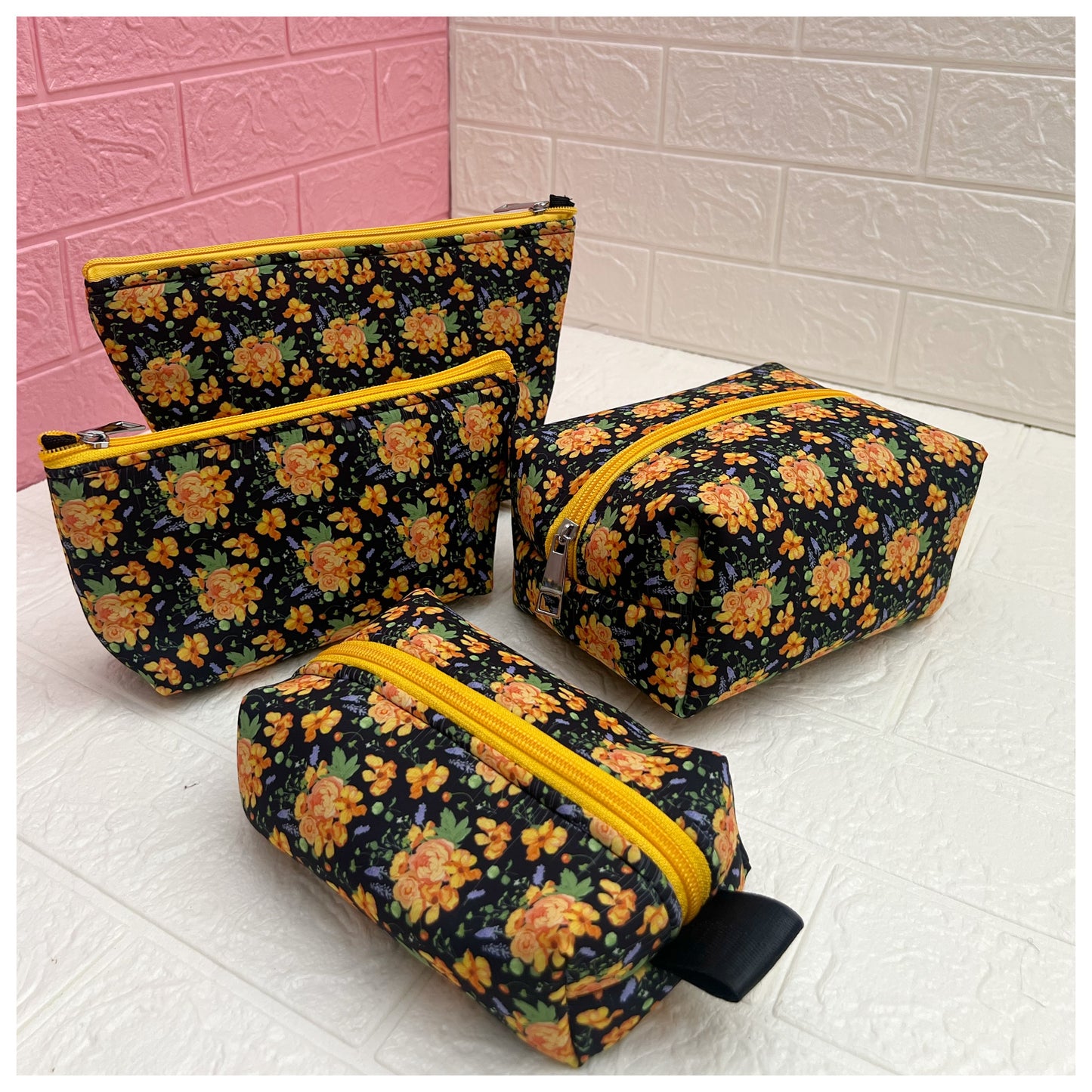 BLACK YELLOW FLORAL POUCHES