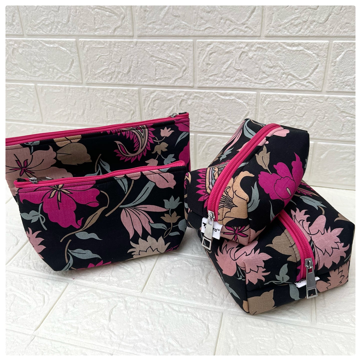 PINK BLACK FLORAL POUCHES