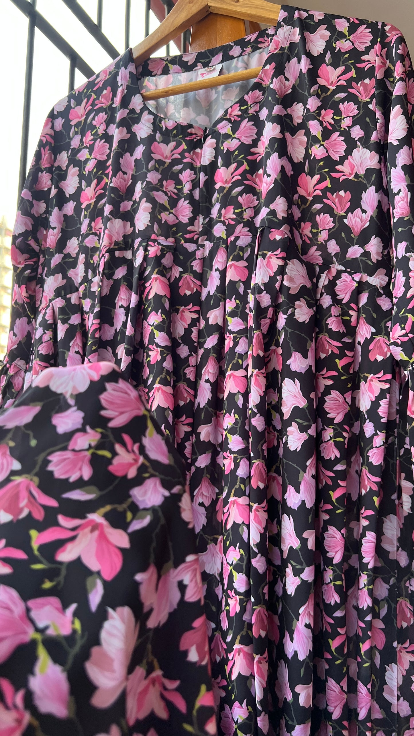 Black Pink Orchid Long Gown