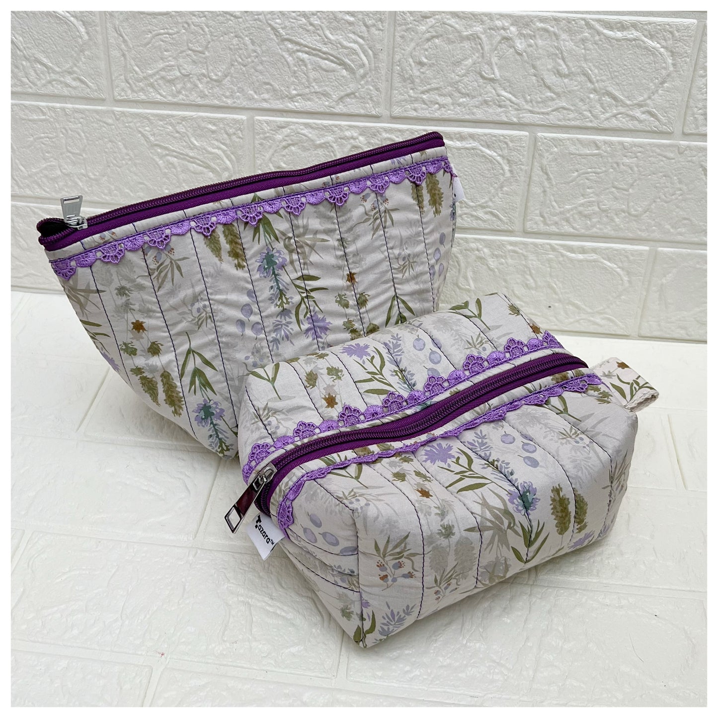 WHITE PURPLE  QUILTED POUCH