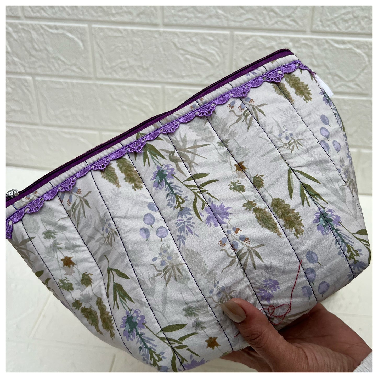 WHITE PURPLE  QUILTED POUCH