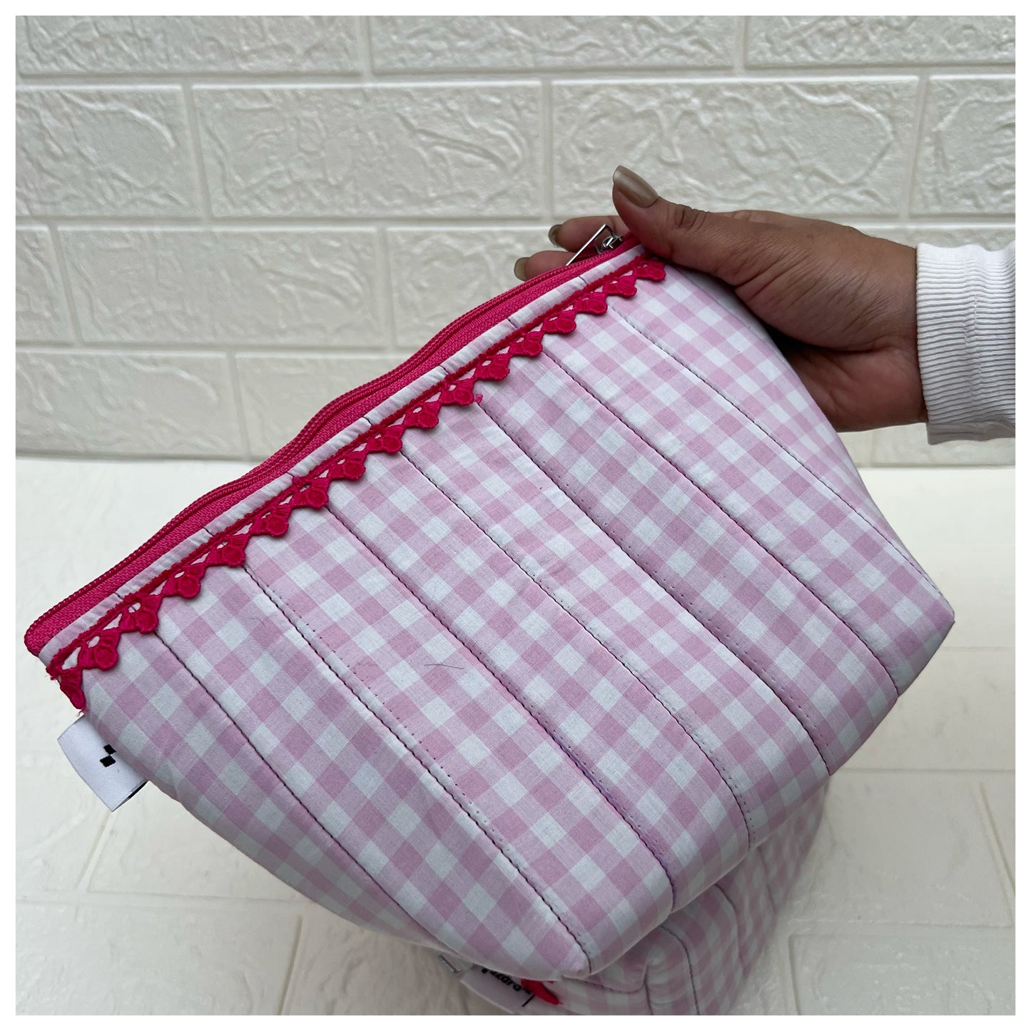 PINK CHECK QUILTED POUCH