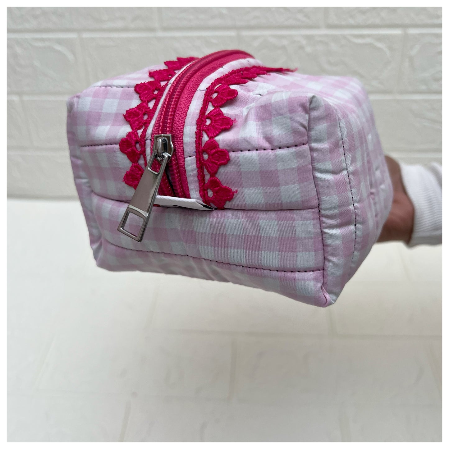 PINK CHECK QUILTED POUCH