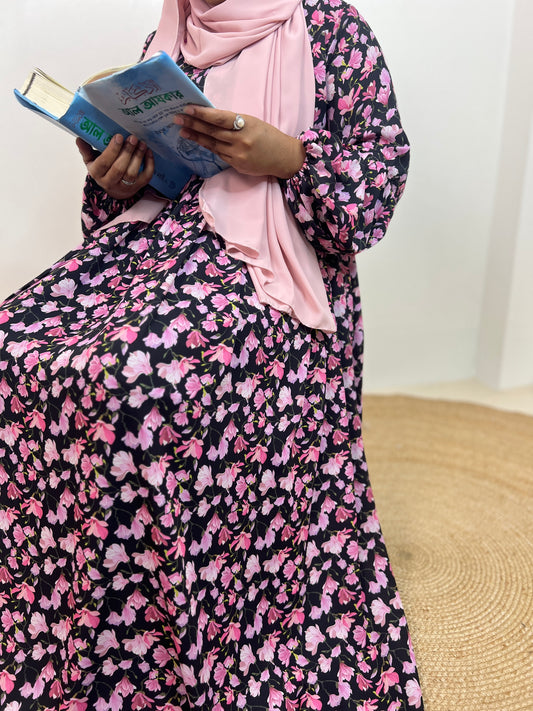 Black Pink Orchid Long Gown