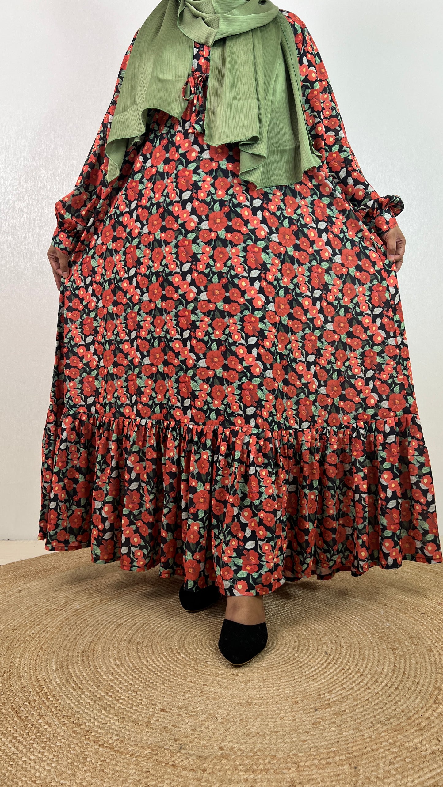 Red Black Floral Long Gown