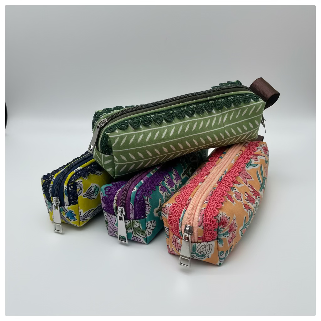 GREEN STRIPE LEAF JOYPURI PENCIL POUCH