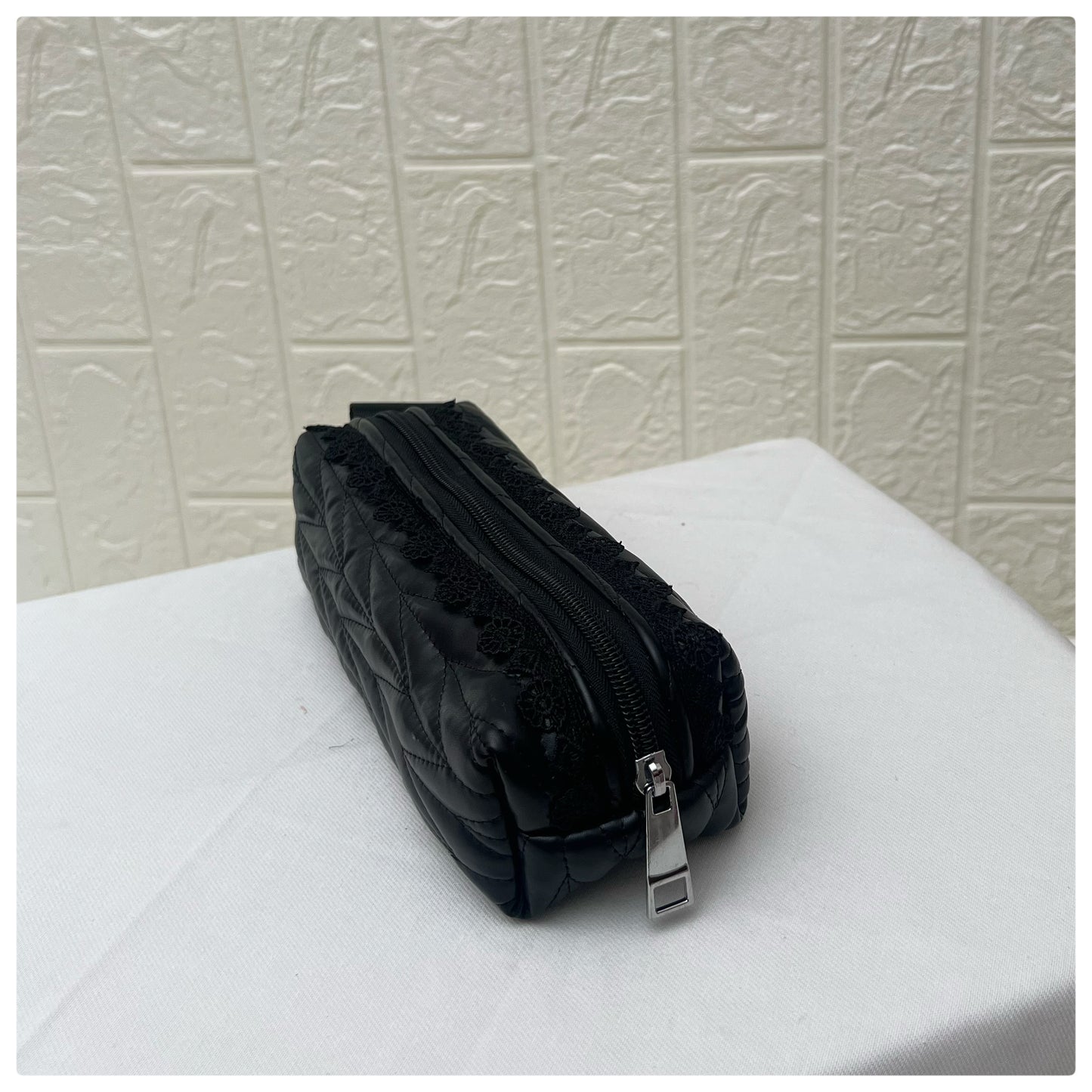 BLACK QUILTED LEATHER PENCIL POUCH