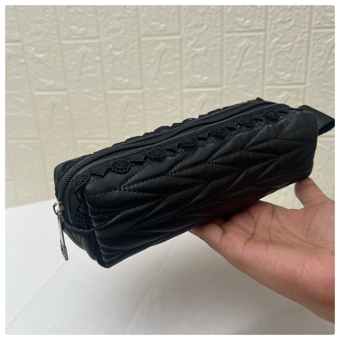 BLACK QUILTED LEATHER PENCIL POUCH