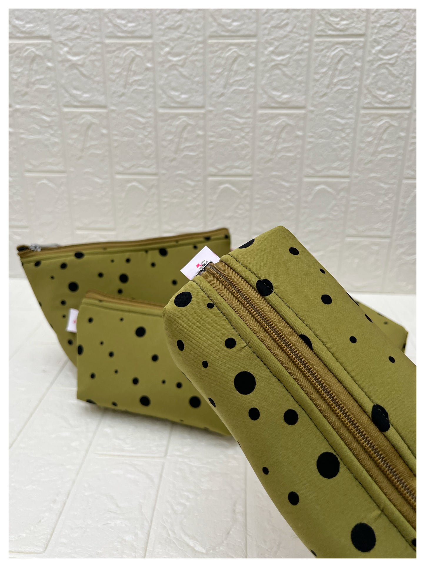 LIGHT OLIVE POLKA  POUCHES