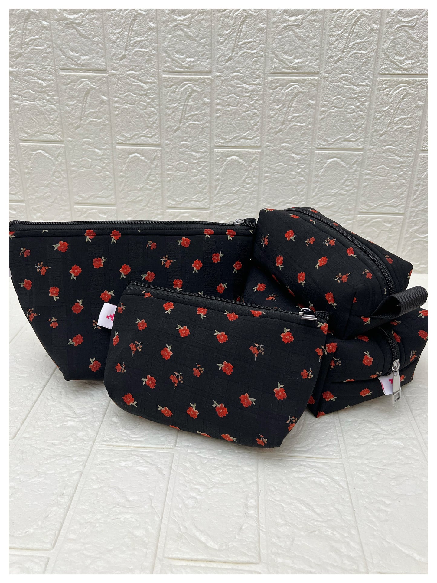 BLACK RED PEONY FLORAL POUCHES