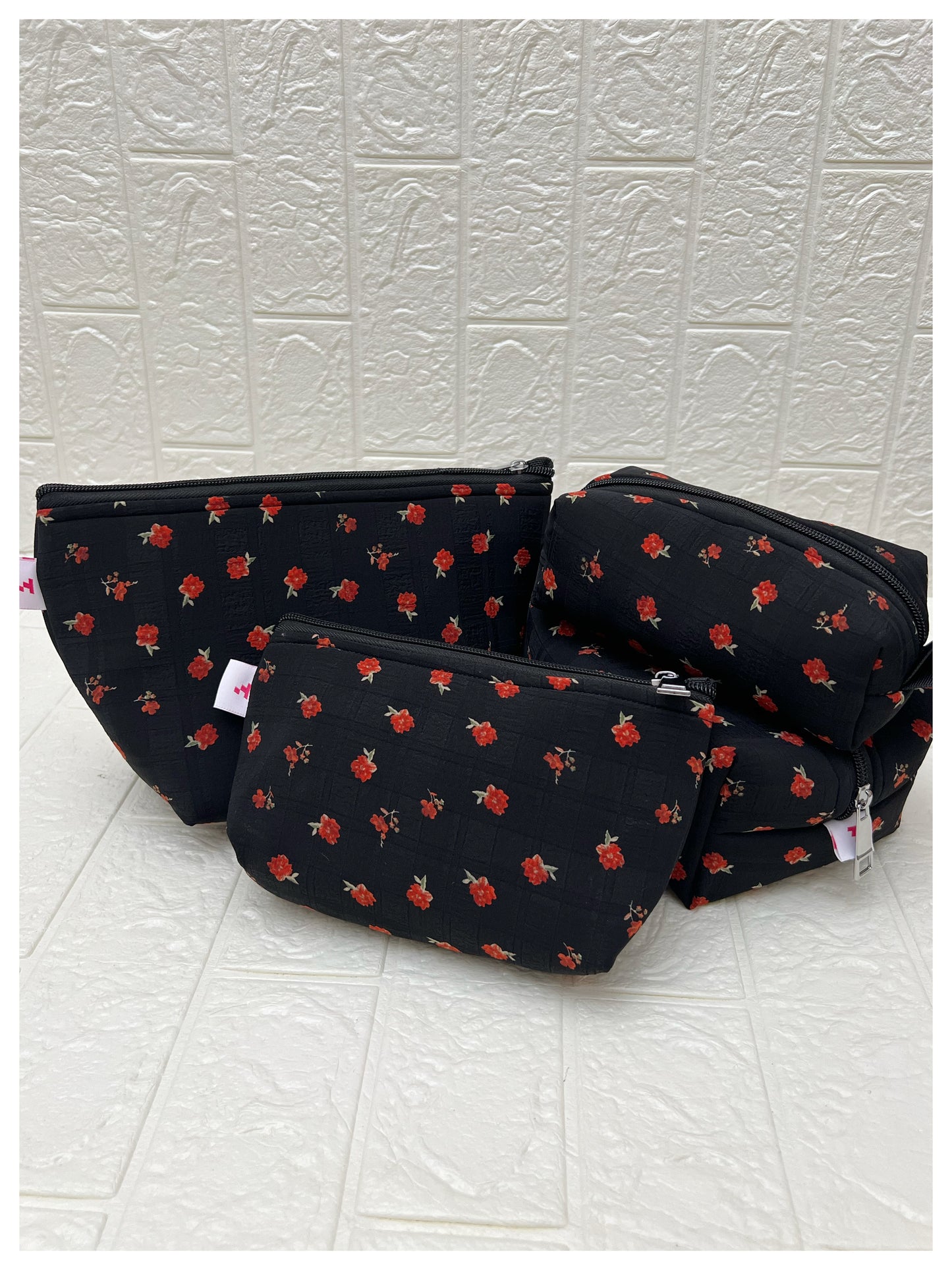 BLACK RED PEONY FLORAL POUCHES