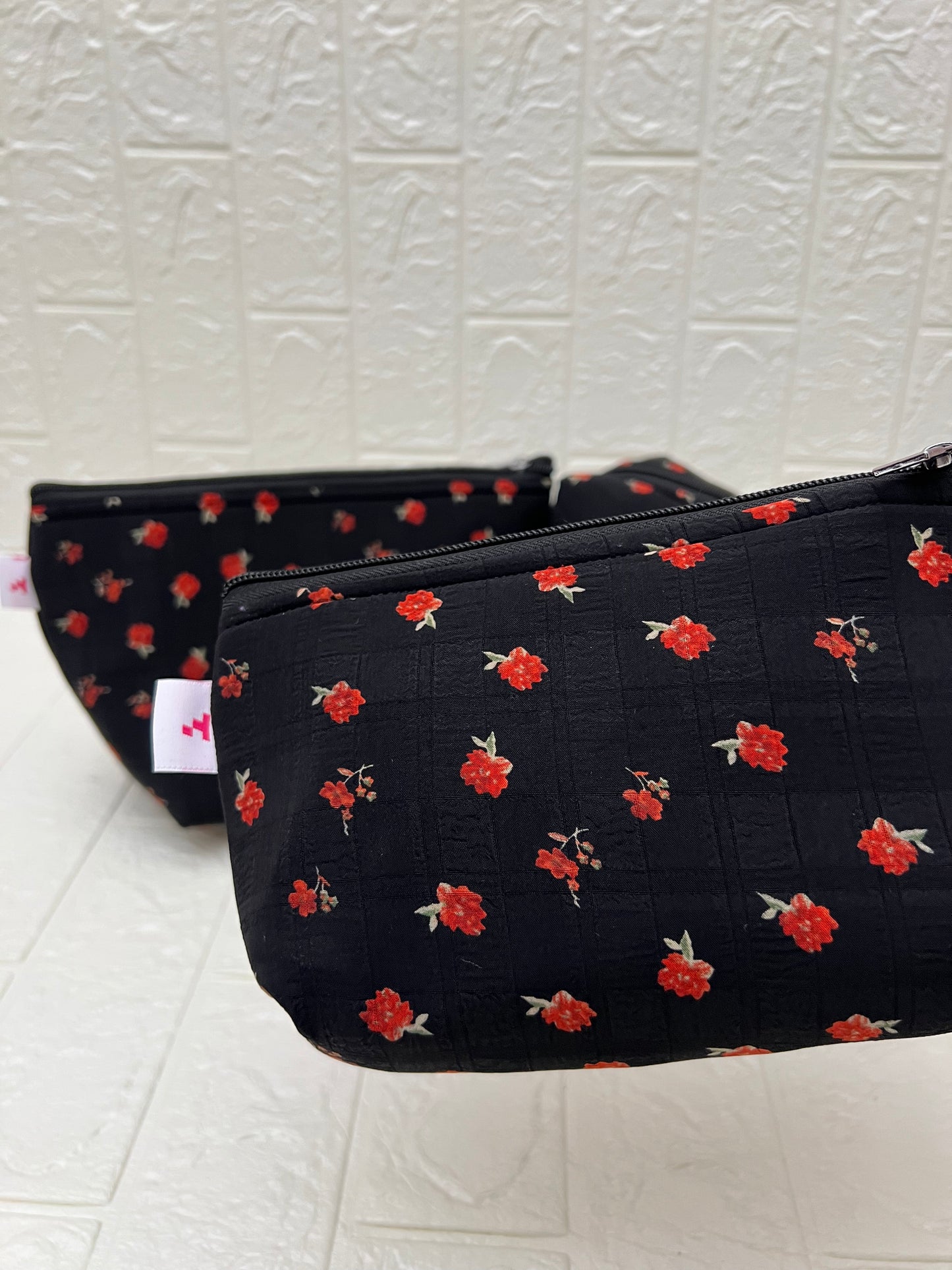 BLACK RED PEONY FLORAL POUCHES