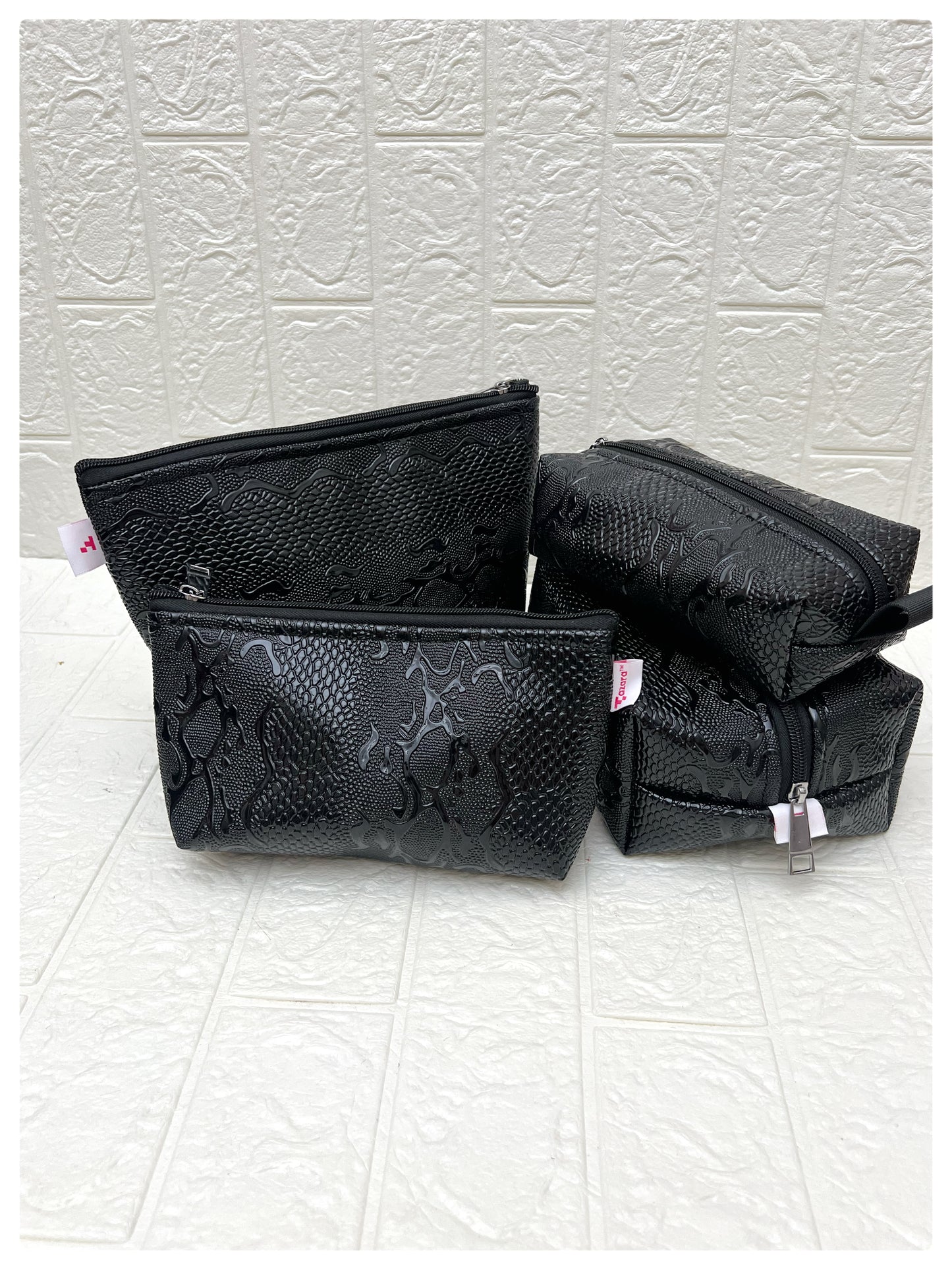 BLACK SNAKE-SKIN FAUX LEATHER POUCHES