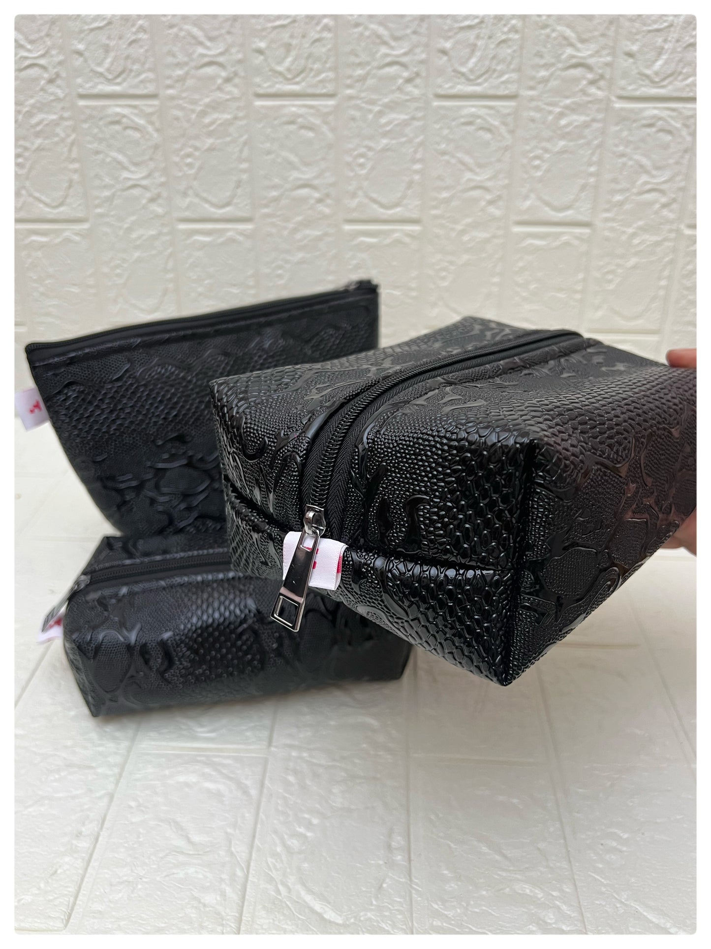 BLACK SNAKE-SKIN FAUX LEATHER POUCHES