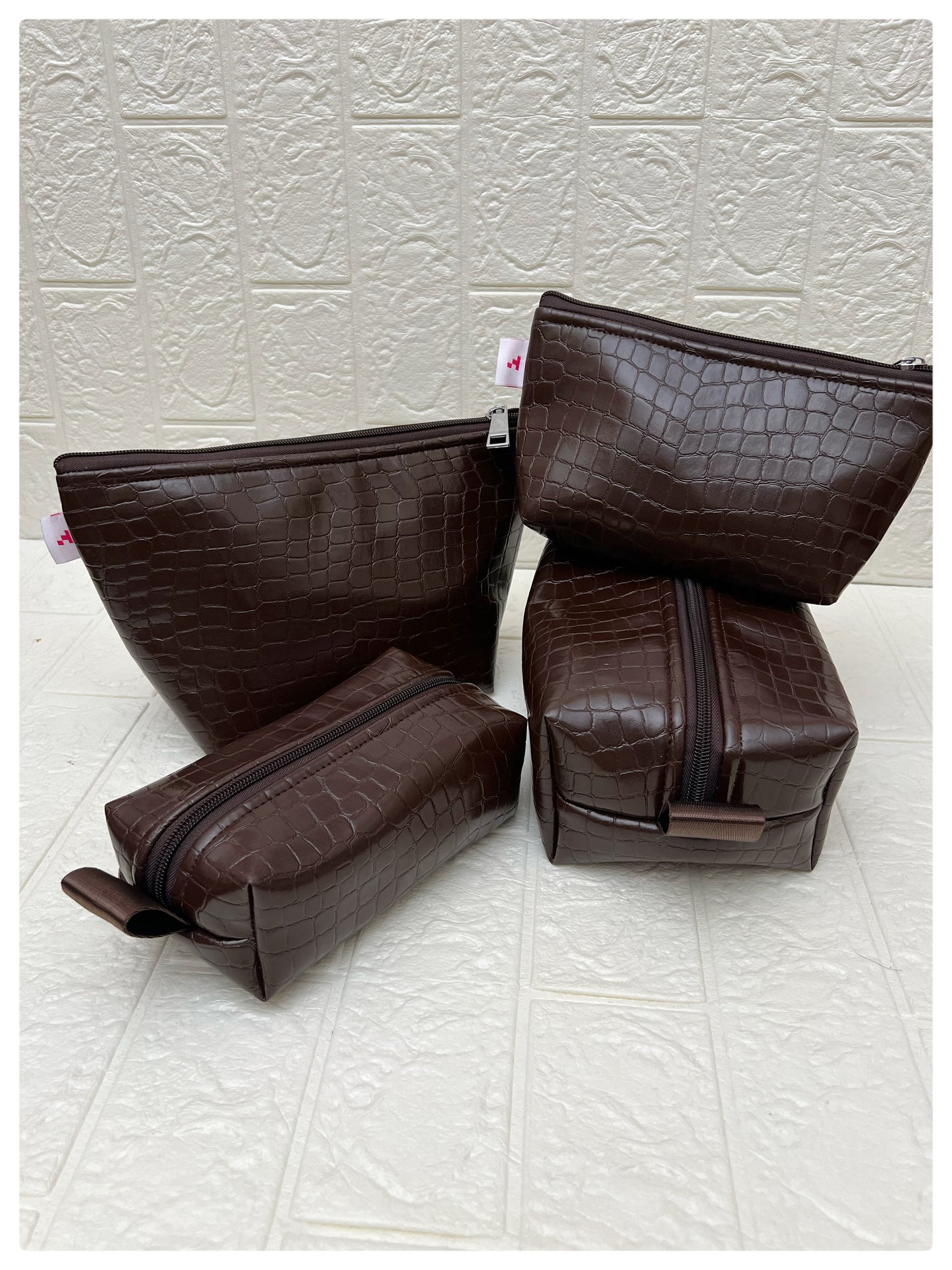 BROWN CROCODILE FAUX LEATHER POUCHES