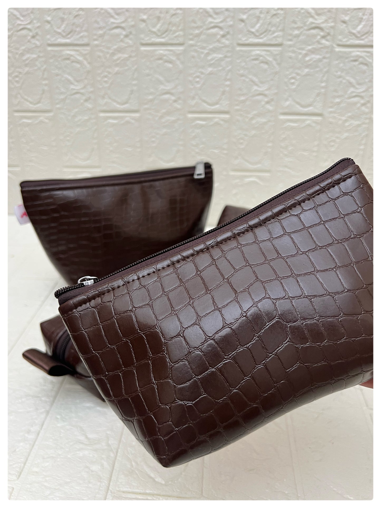 BROWN CROCODILE FAUX LEATHER POUCHES