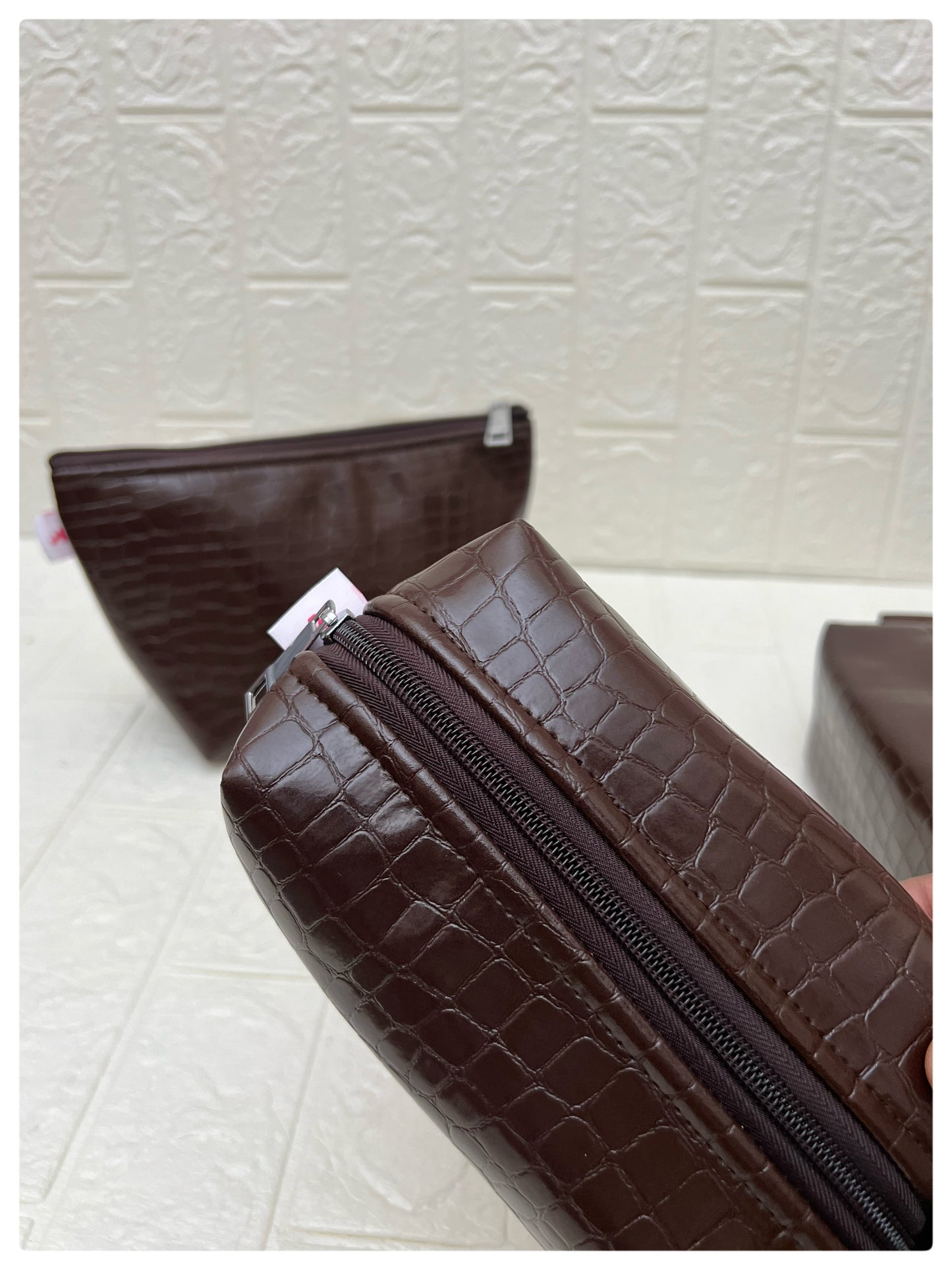 BROWN CROCODILE FAUX LEATHER POUCHES