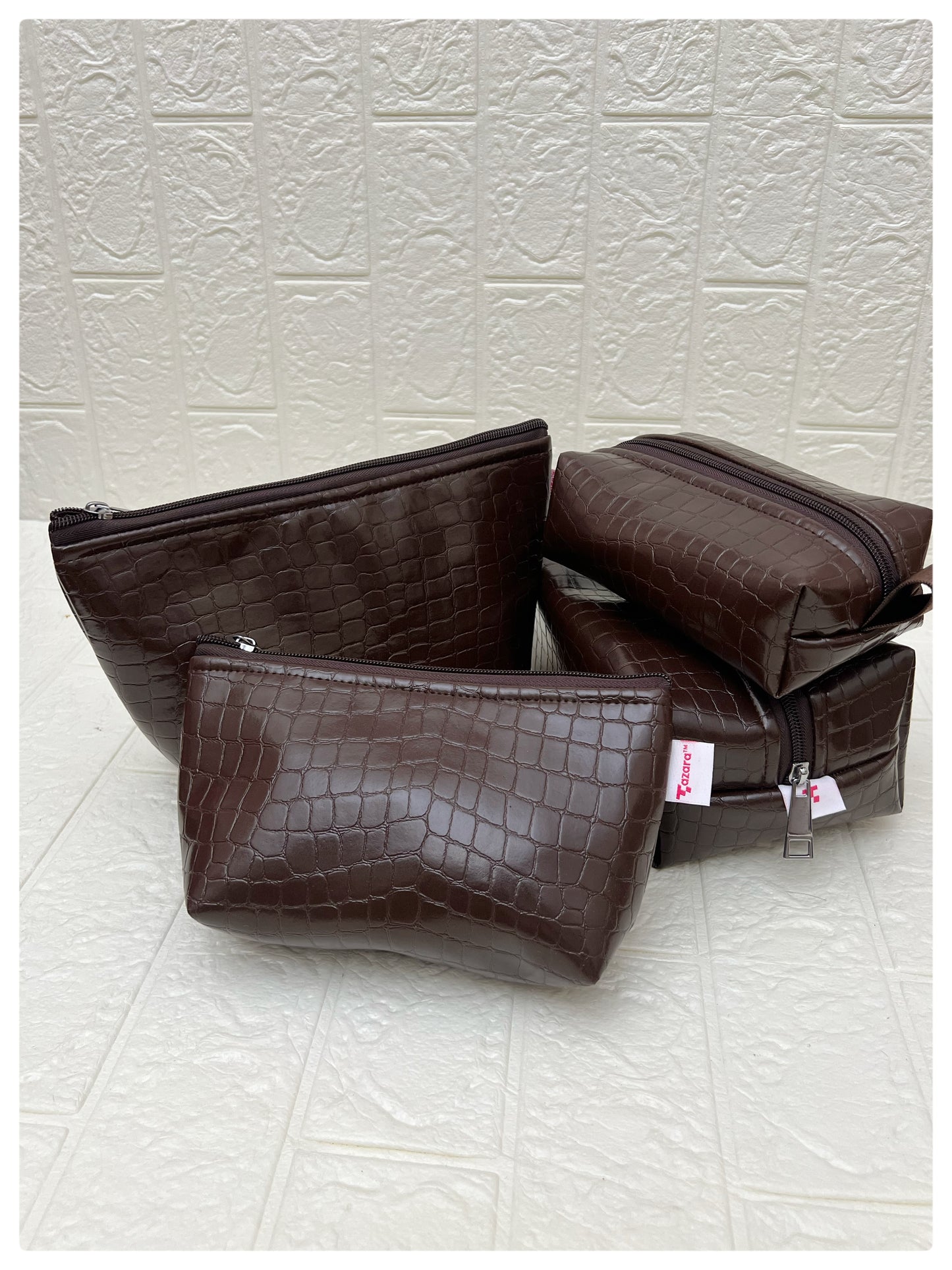 BROWN CROCODILE FAUX LEATHER POUCHES