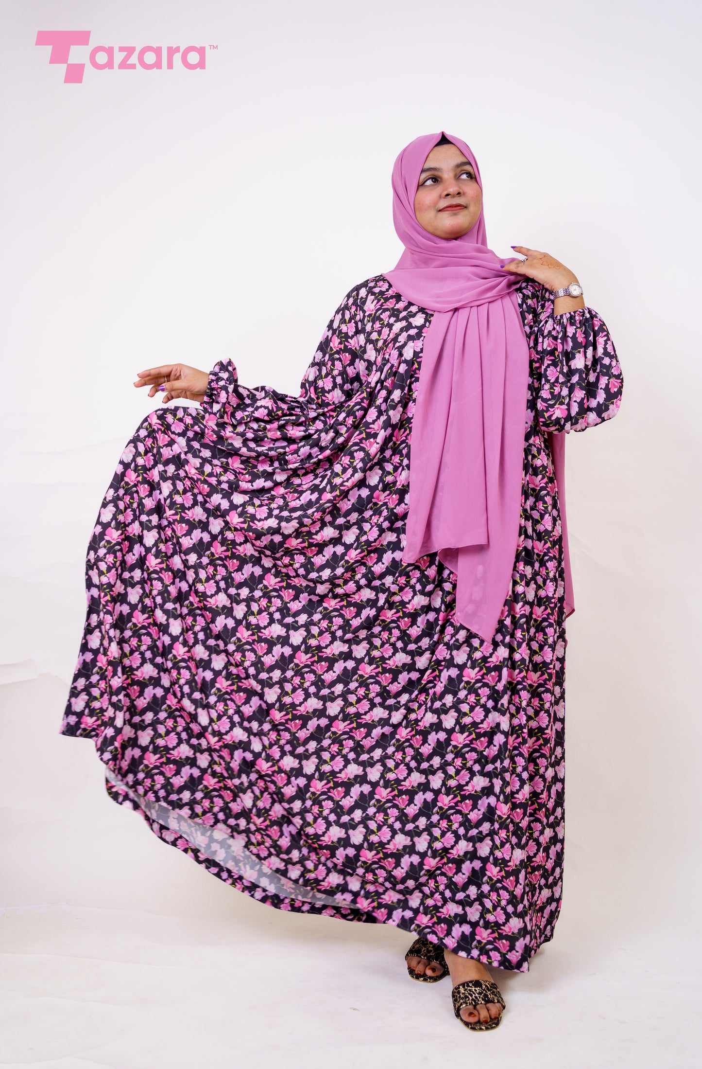 Black Pink Orchid Long Gown